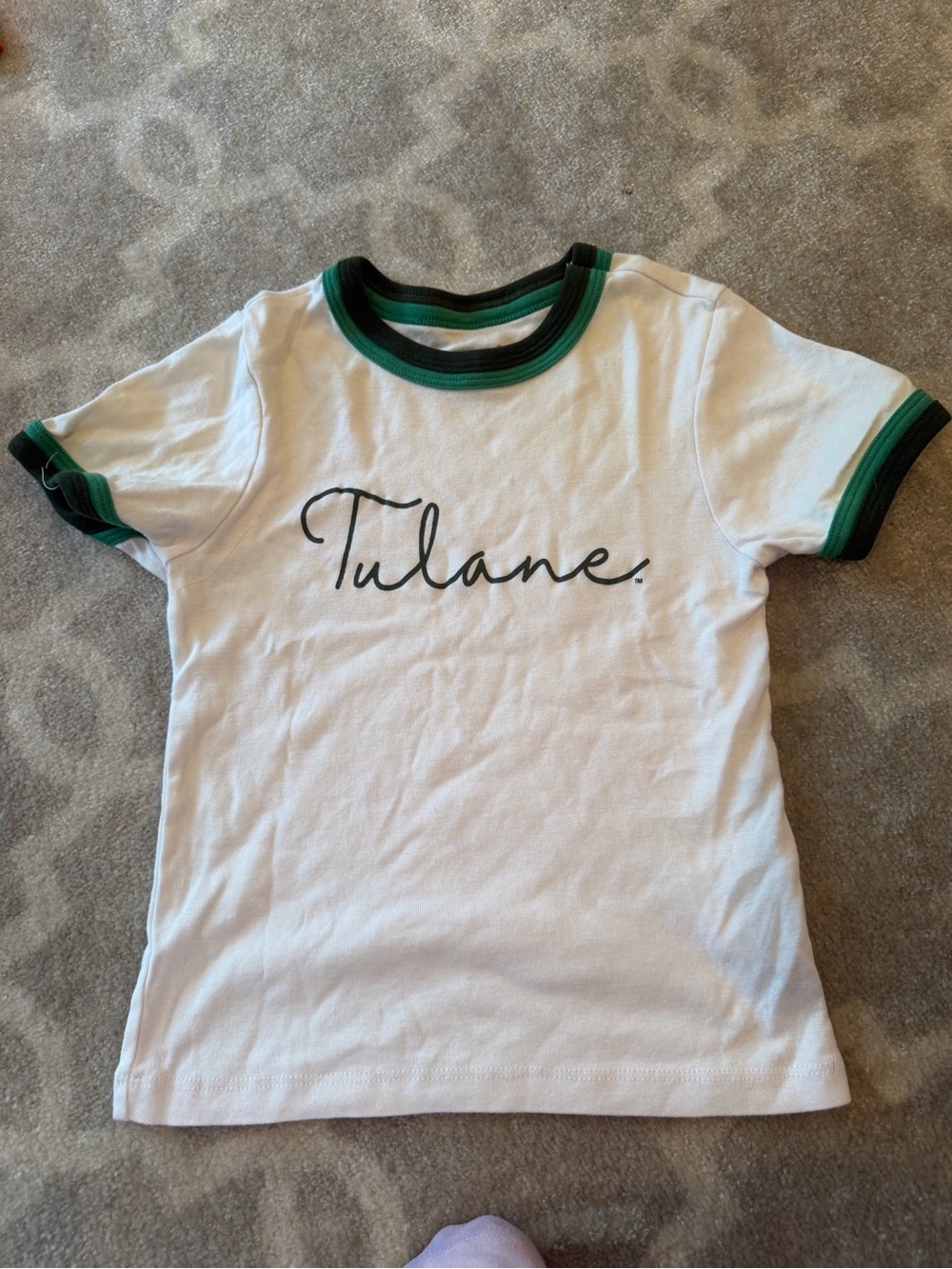 Tula White Tee with Green Trim and Script Logo